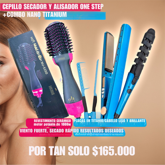 Cepillo Secador y Alisador One Step NUBE + Combo Nano Titanium